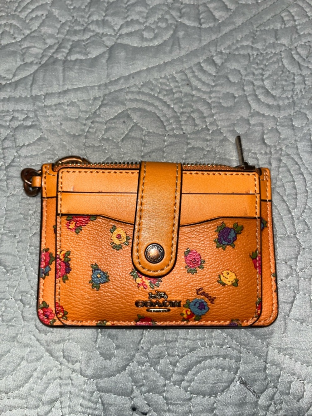 Coach Orange Floral Leather Card Wallet with Snap
